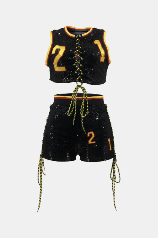 Full Size Contrast Letter Sequin Cropped Top and Lace-Up Shorts Set